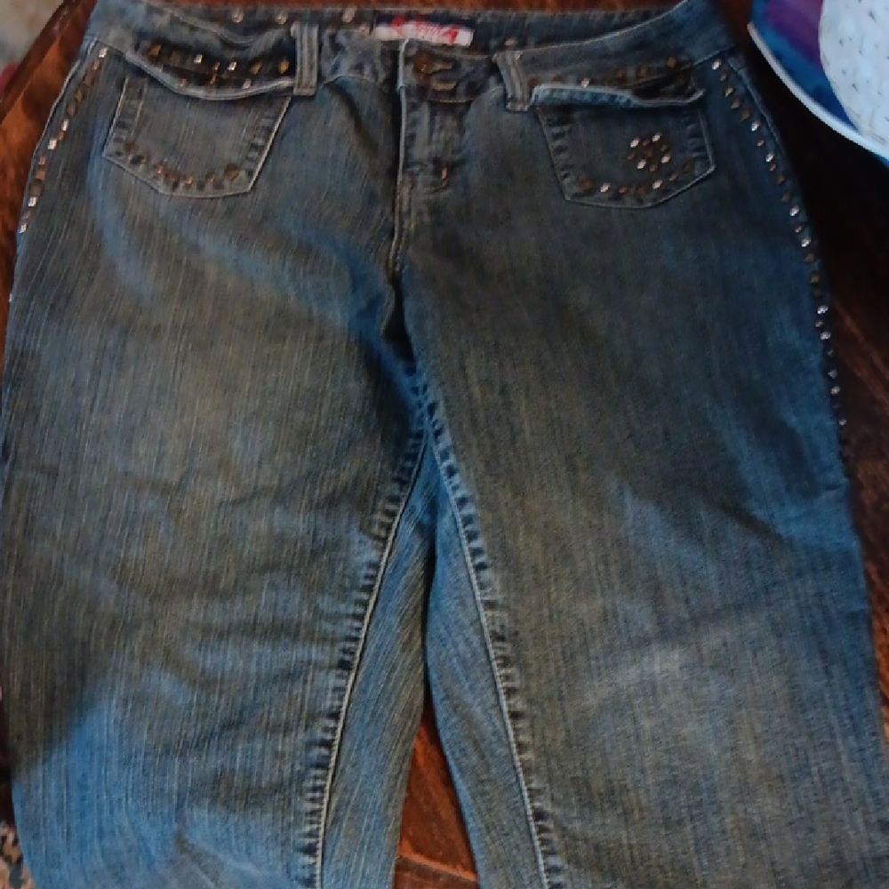 Women's Blue Jean Capris with Studded Details